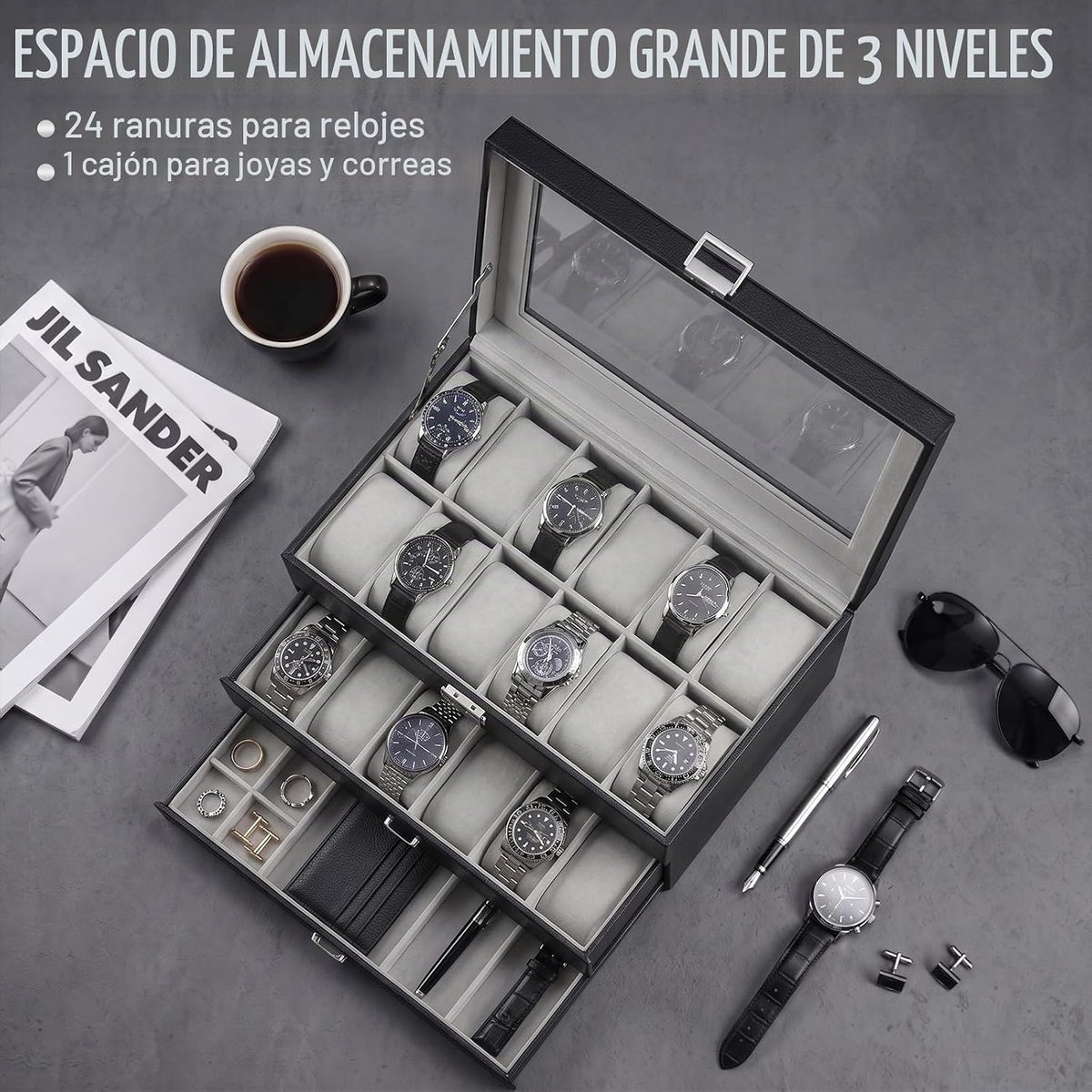 ProCase Caja de Reloj de 3 Capas con Tapa de Vidrio para Hombre, 24...
