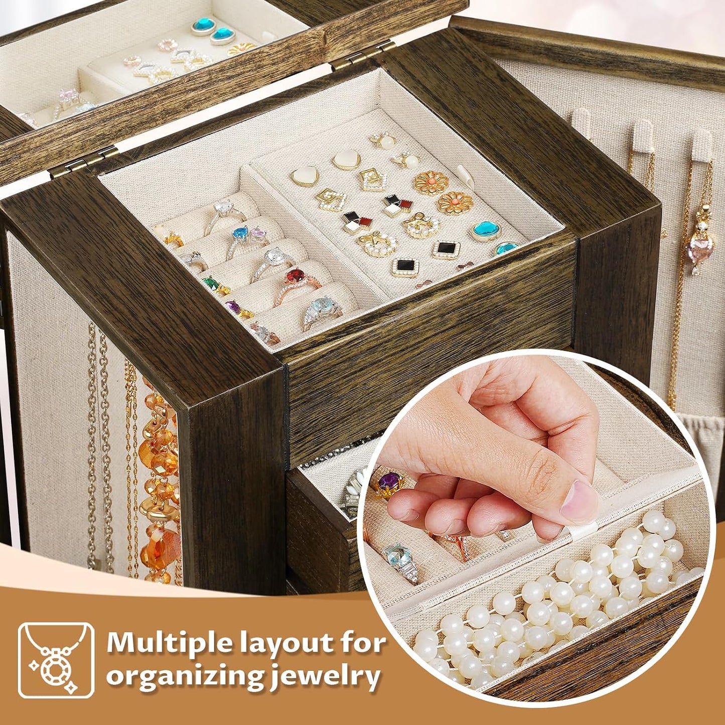 Emfogo - Joyero para mujer, cajas de joyería de madera de 5 capas g...