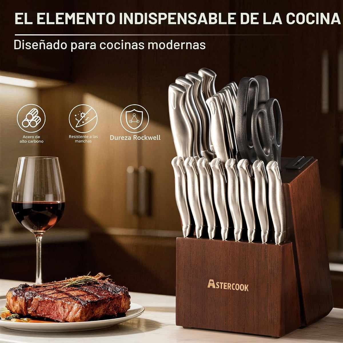 Astercook - Juego de cuchillos de cocina de 21 piezas con afilador...