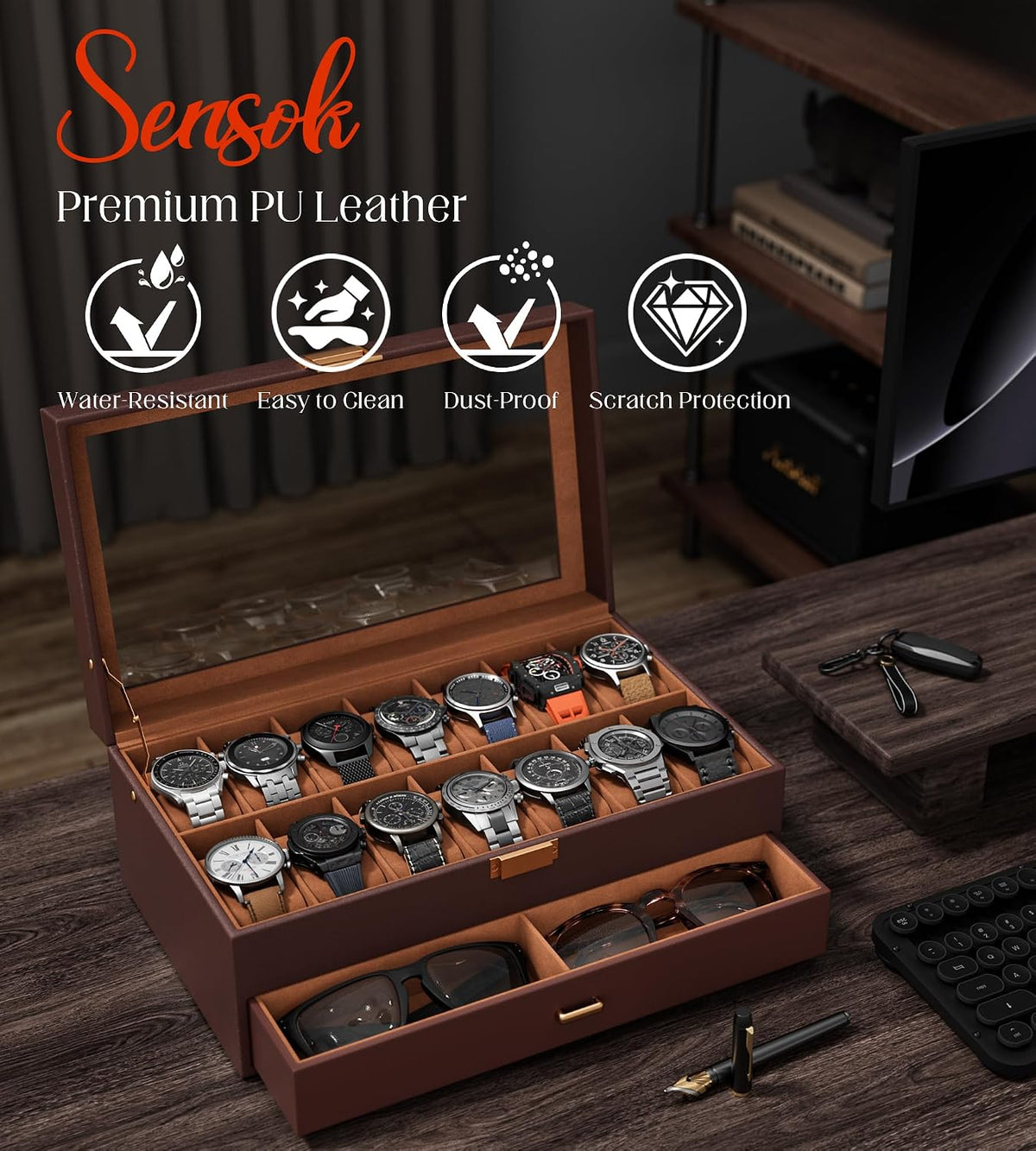sensok Caja de reloj para hombre \u2013 Organizador de exhibición d...