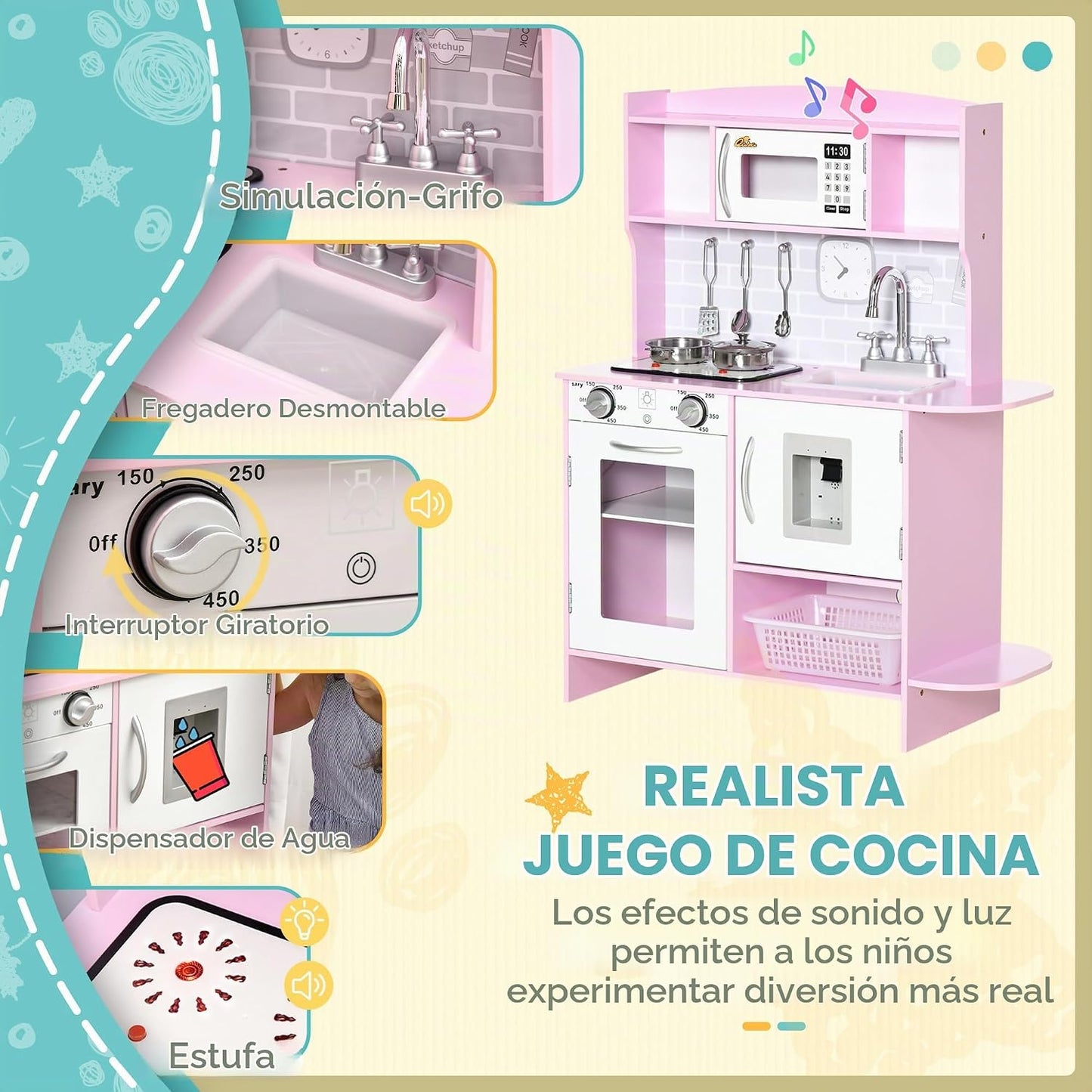 Qaba Juego de juguetes de cocina para niños, luces de estufa de 3 a...