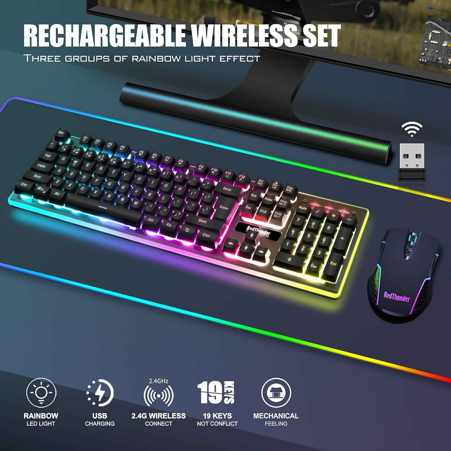 RedThunder K10 Juego de mouse y teclado inalámbricos, para videojue...