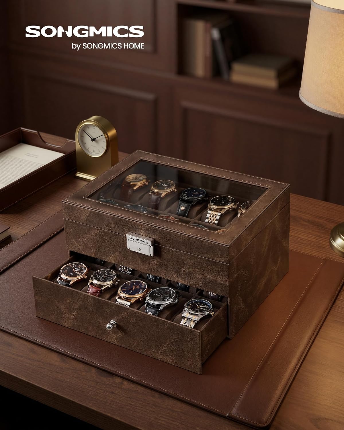 SONGMICS Caja de reloj de 20 ranuras, 2 capas, tapa de cristal, con...