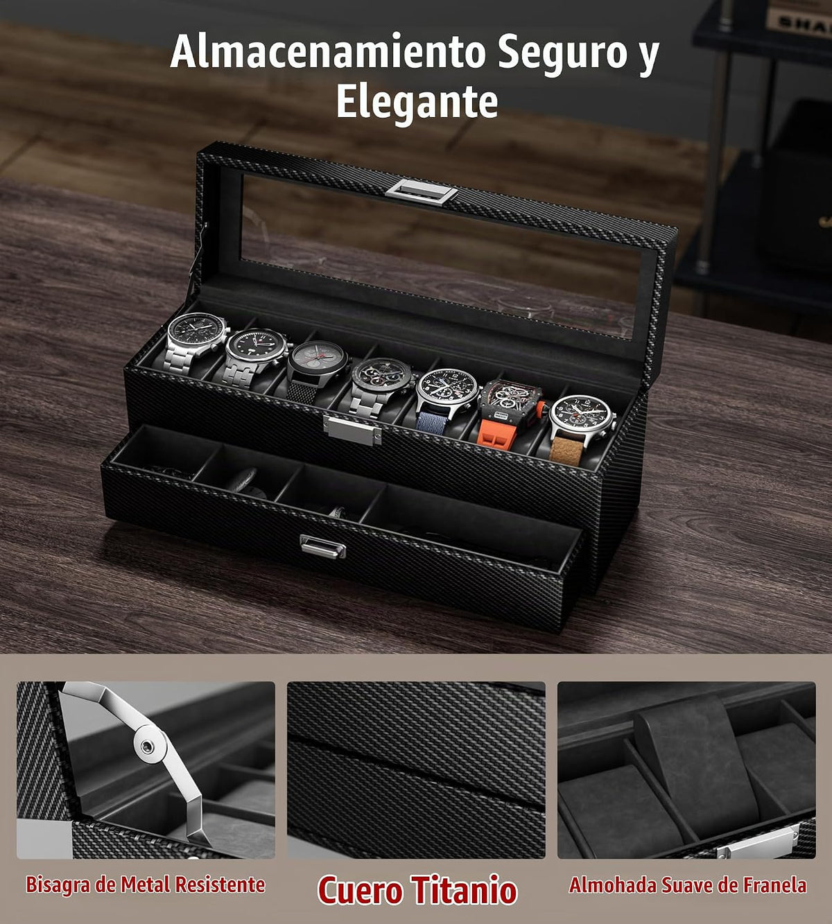 sensok Caja de reloj para hombre, 7 SLots relojes, organizador de a...