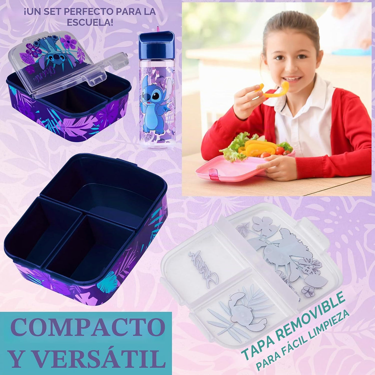 Disney Stitch - Lonchera infantil con compartimentos y botella de a...