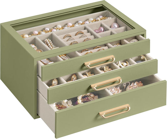 SONGMICS Joyero de 3 capas con ventana de cristal, organizador de a...
