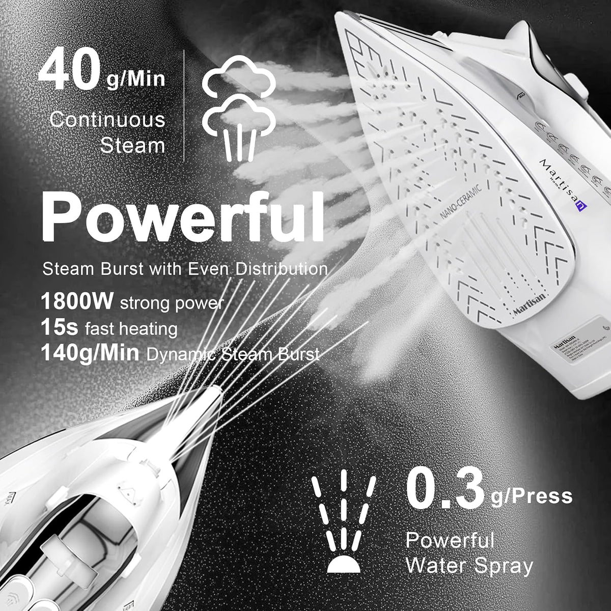 Martisan Plancha de vapor para ropa, 1800 W, suela de nano cerámica...
