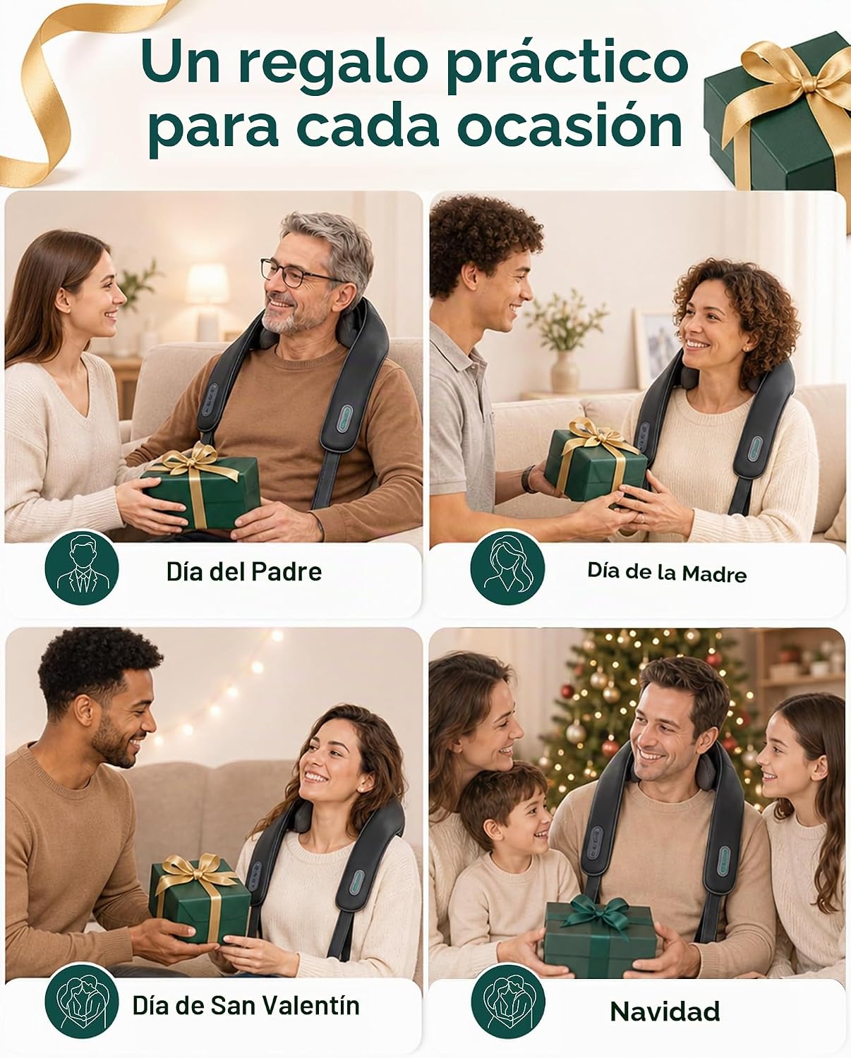 Masajeador de cuello y hombros Shiatsu 4D inalámbrico con calor, vi...