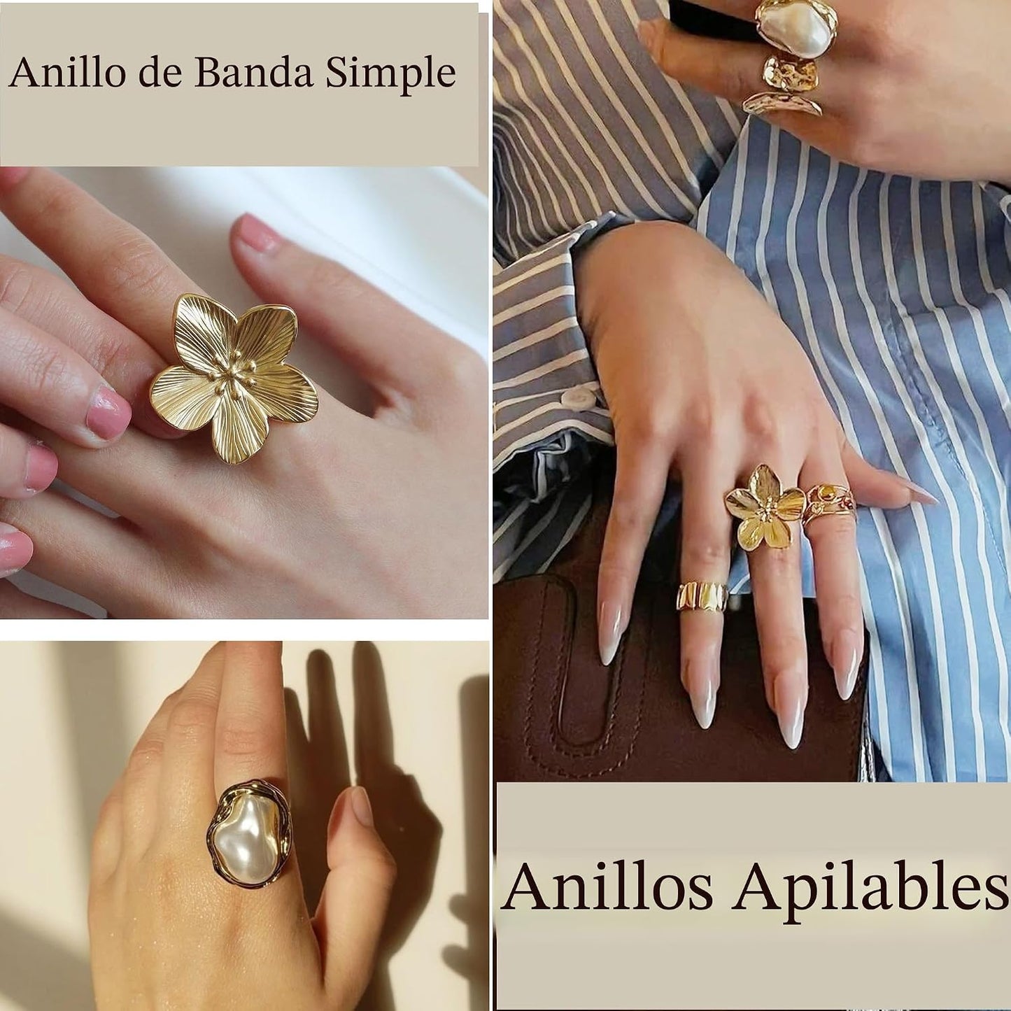 12 piezas de anillos de oro gruesos para mujer, anillo de flor sin...
