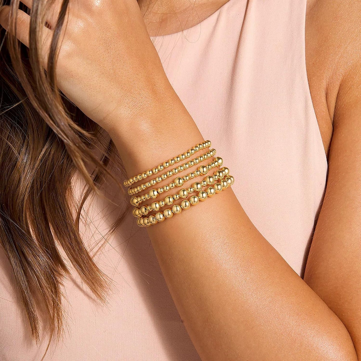 Yoosteel Juego de pulseras de cuentas de oro para mujeres, adolesce...