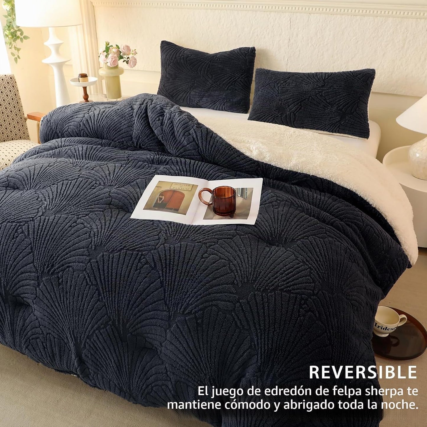 tohrisa Seashell - Juego de edredón Jacquard Sherpa cálido y acoged...