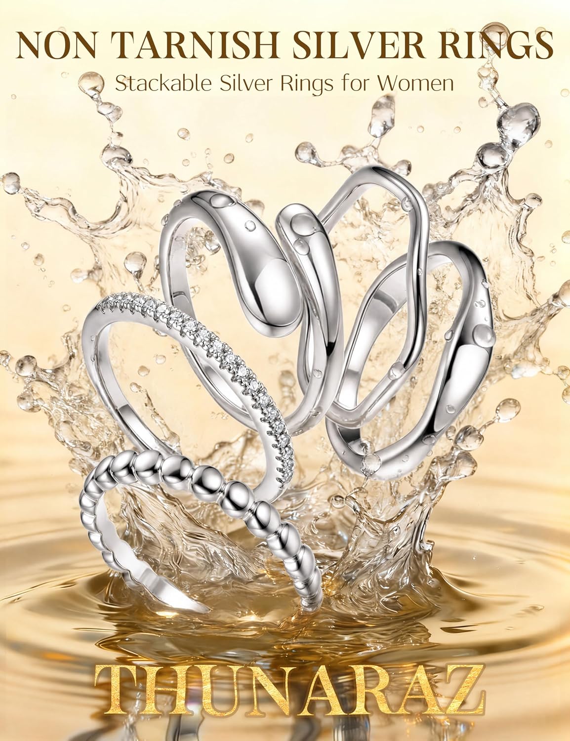 THUNARAZ Anillos chapados en oro de 14 quilates para mujer, no se d...
