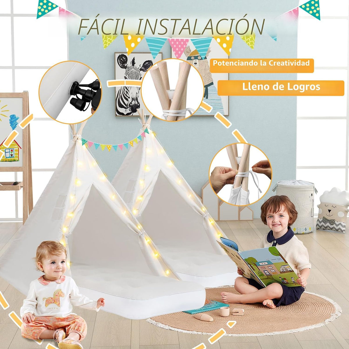 Paquete de 6 carpas tipi para niños [reforzadas] con luces LED y co...