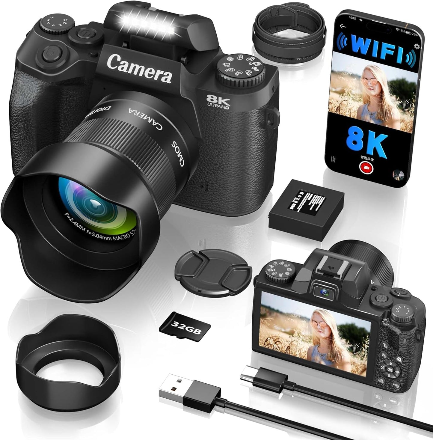 Cámara digital 8K, cámaras WiFi de 64 MP para fotografía con pantal...