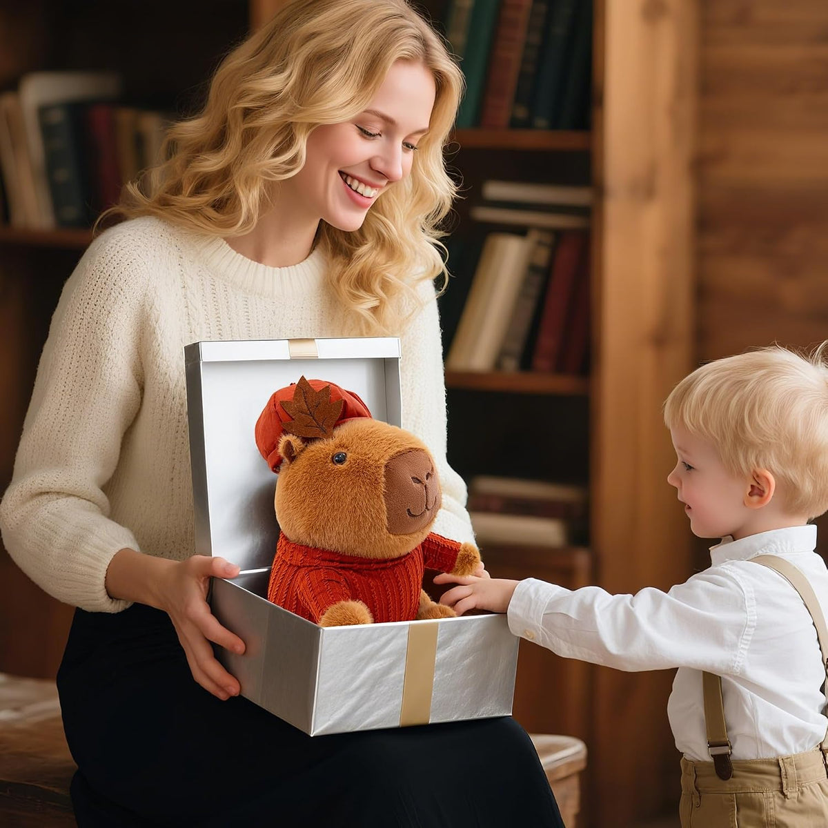 Capybara - Lindo animal de peluche kawaii con sombrero de ropa roja...