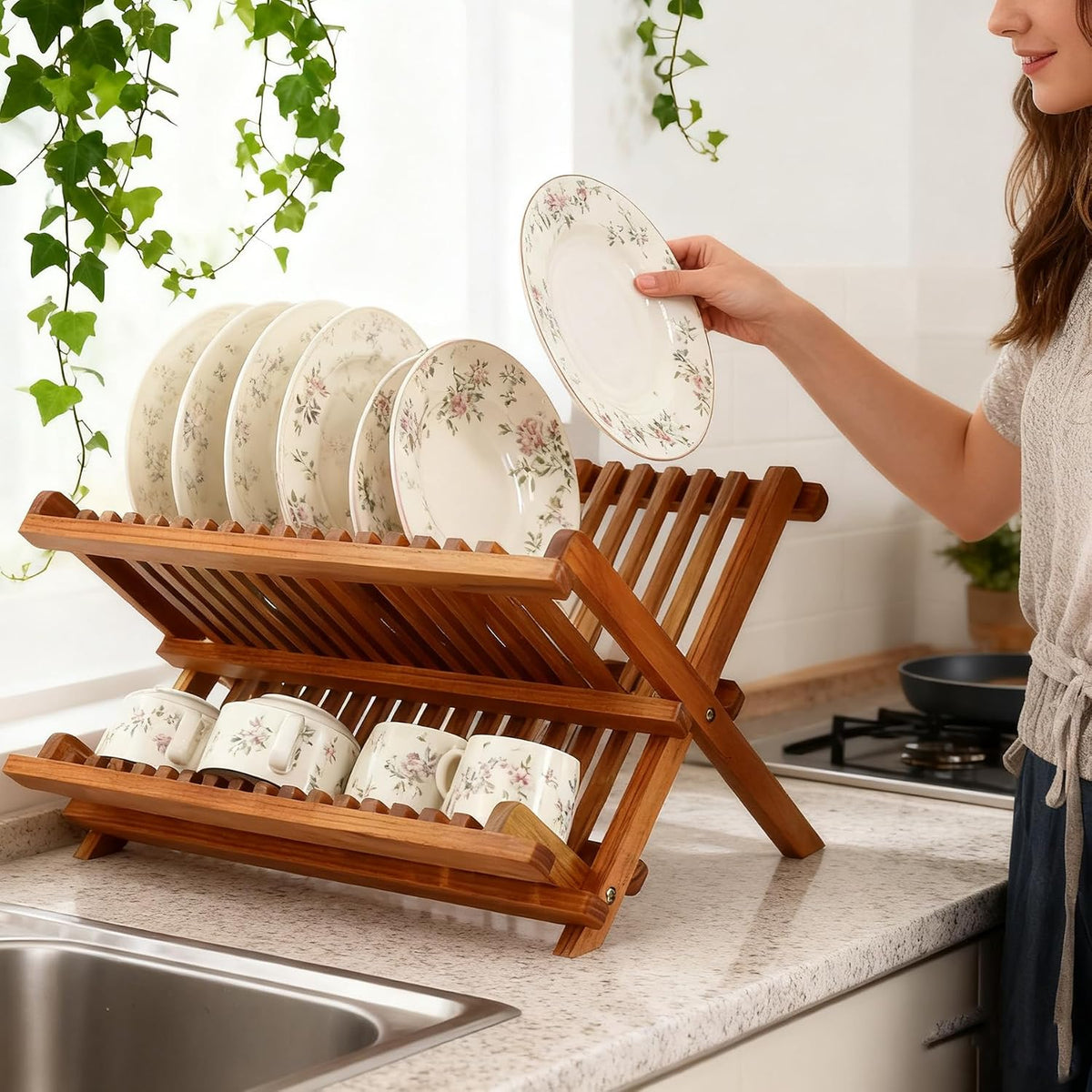Utoplike Escurridor de Platos de Teca Plegable de 2 Niveles Estante...