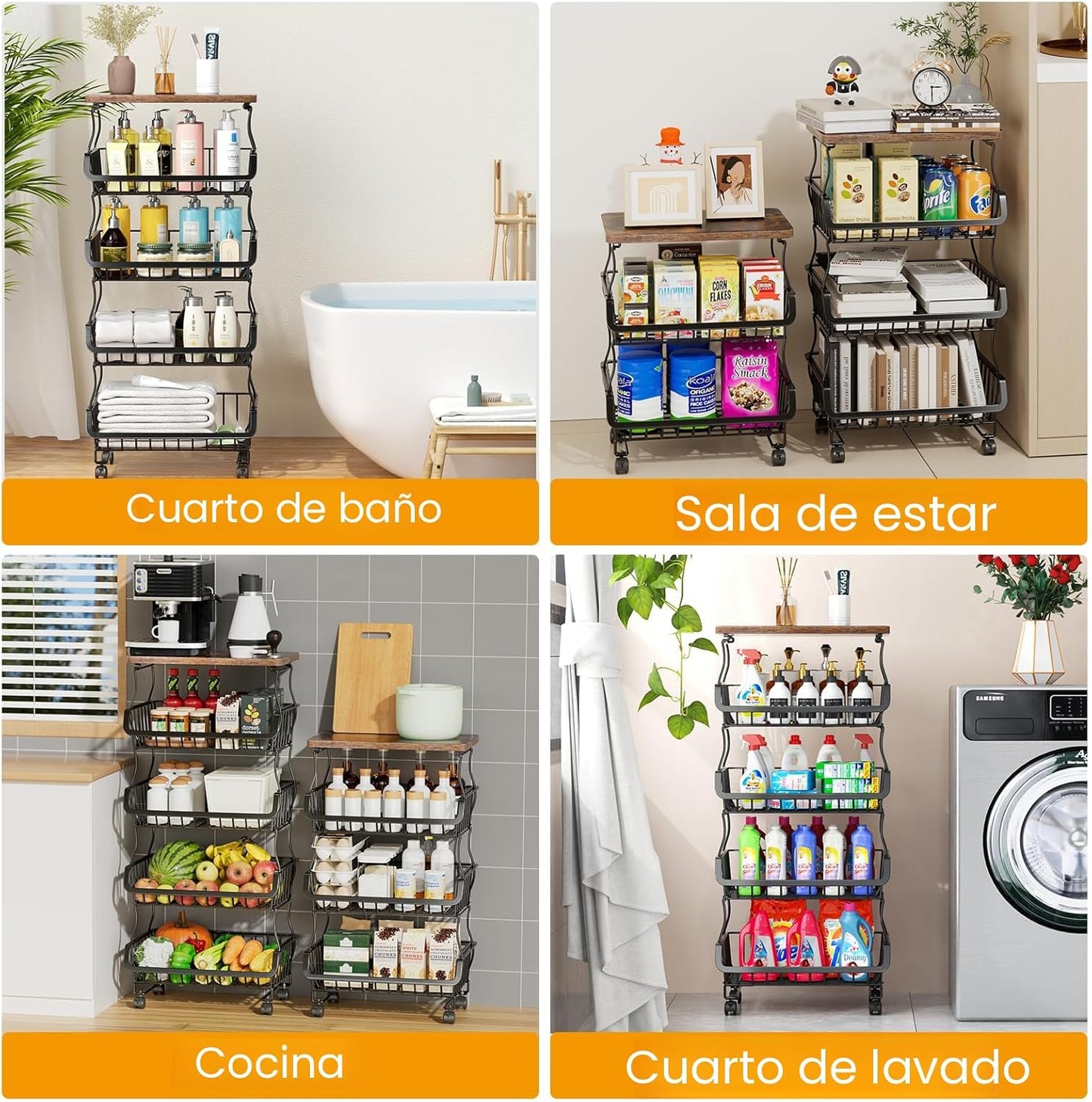 Gsiekare Cesta de frutas y verduras de 4 niveles para cocina con ru...