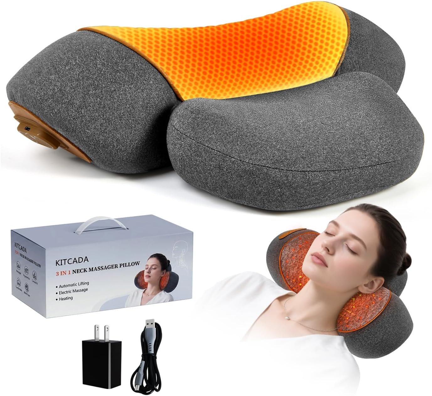 Almohada de masaje de cuello 3 en 1 con calor, masaje y estiramient...