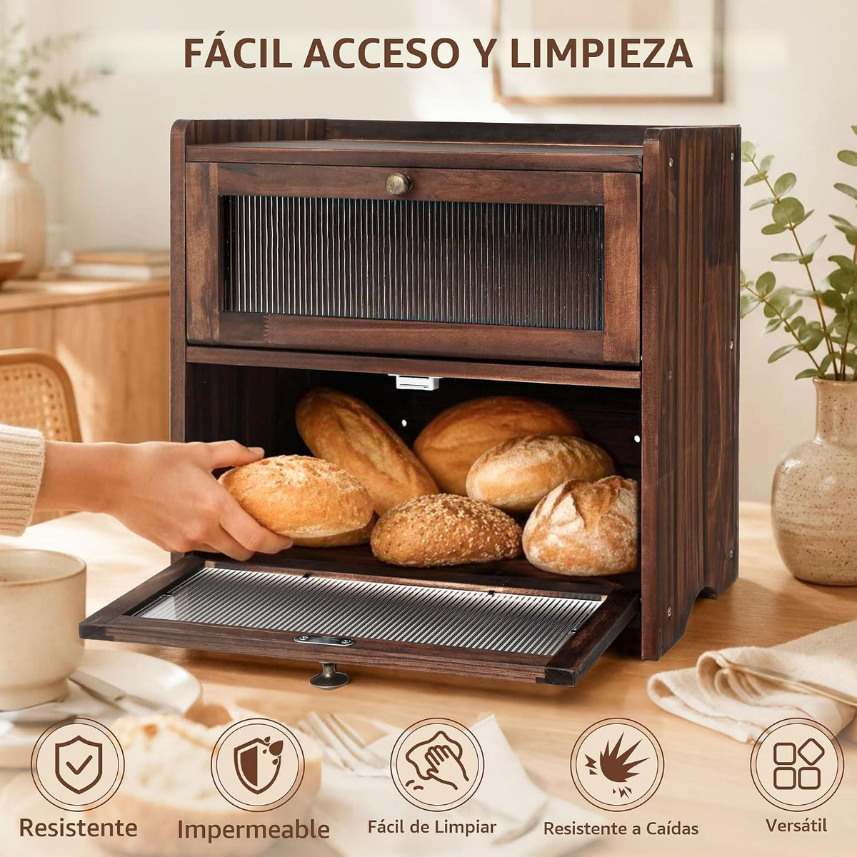 Luollabytel Panera para encimera de cocina, panera de madera de 2 c...