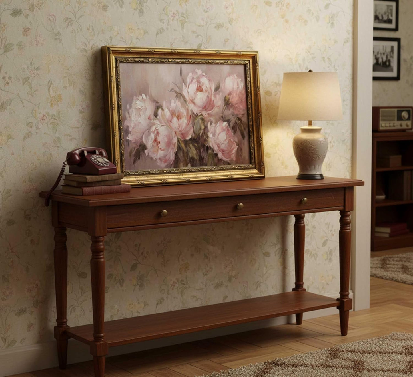 Lienzo decorativo de pared con diseño de flores rosadas con marco d...