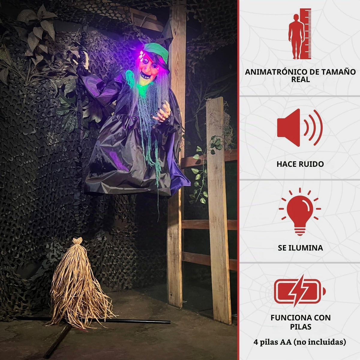 Haunted Hill Farm Animatronic de bruja voladora montada de 6 pies c...
