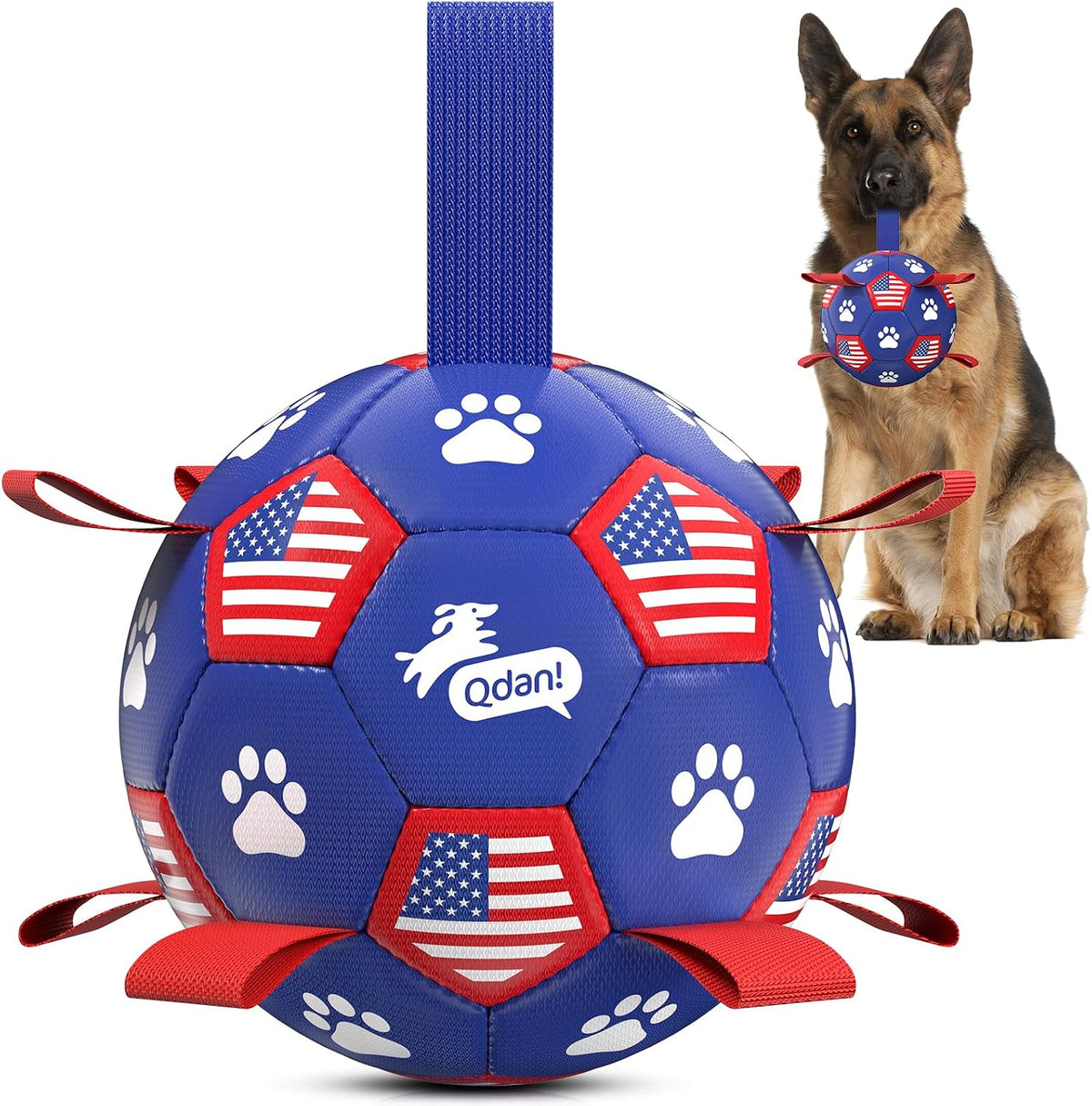 QDAN Juguetes para perros, pelota de fútbol con correas, bolas dura...