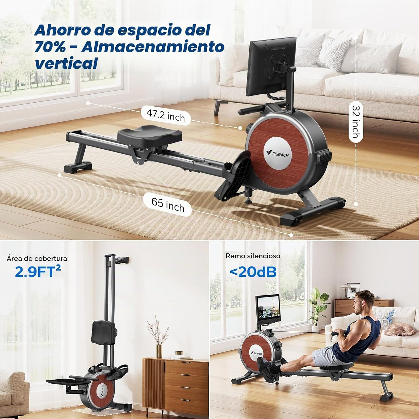 Máquina de remo magnética Merach Q1S para interiores, riel deslizan...