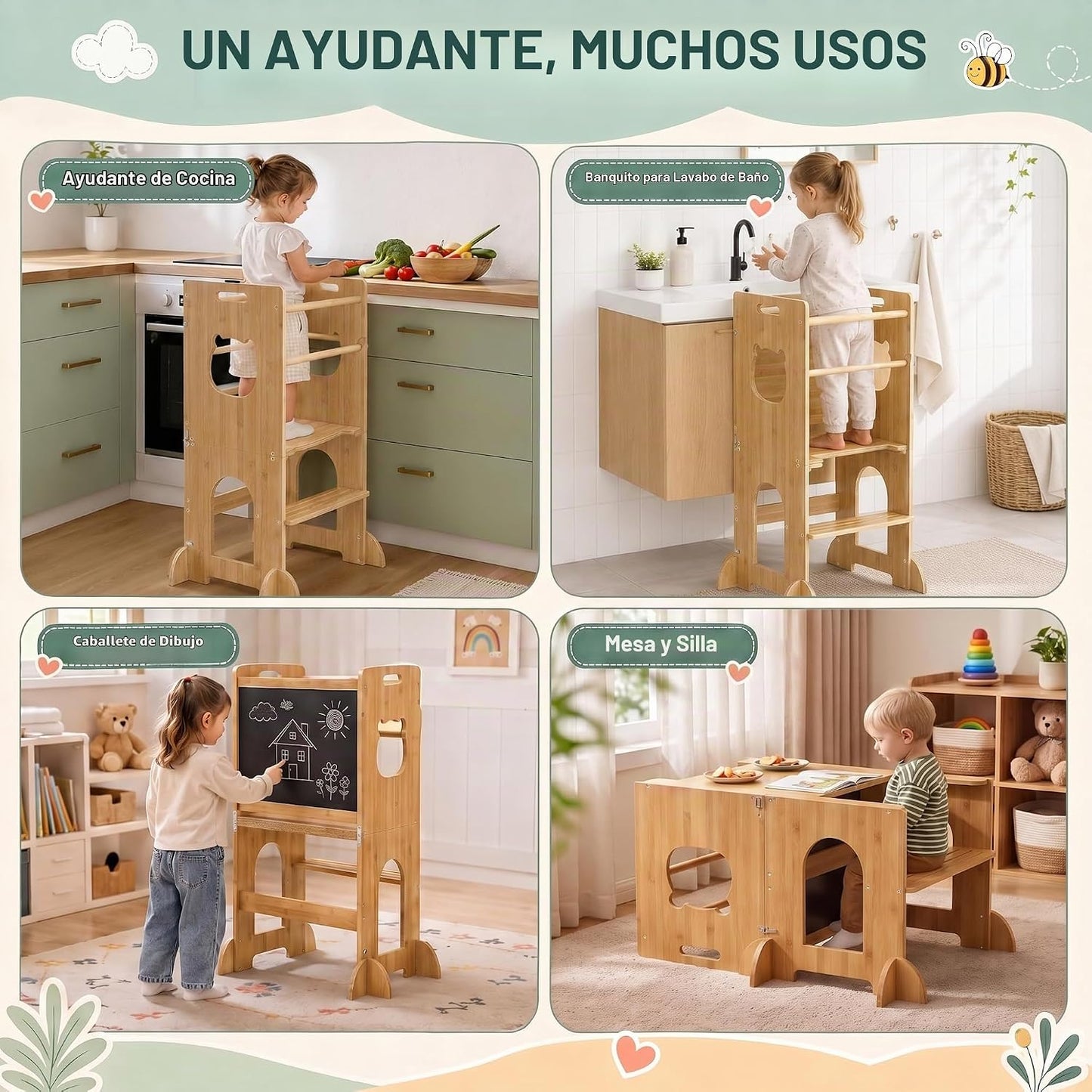 APRTAT Taburete de cocina 4 en 1 para niños pequeños, torre de apre...