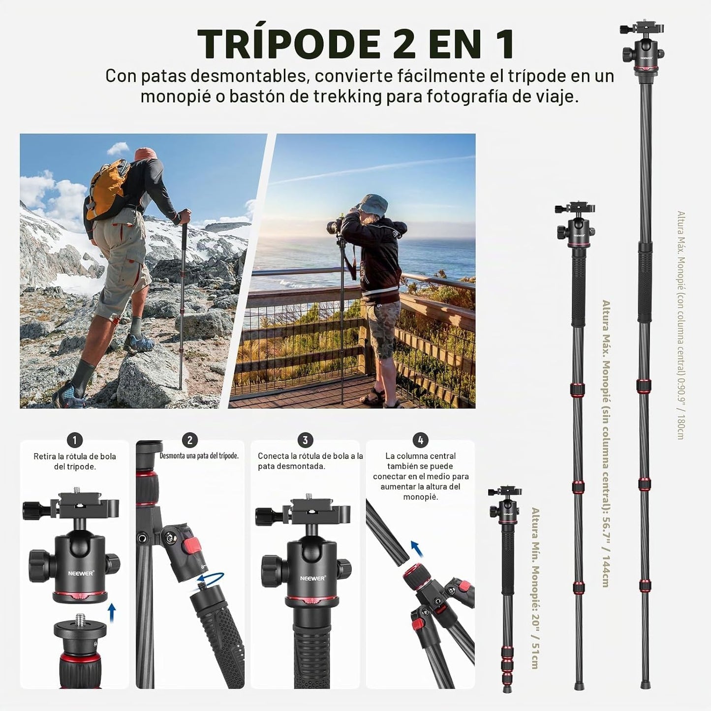 NEEWER Trípode de fibra de carbono de 66"\/168cm para cámara co...