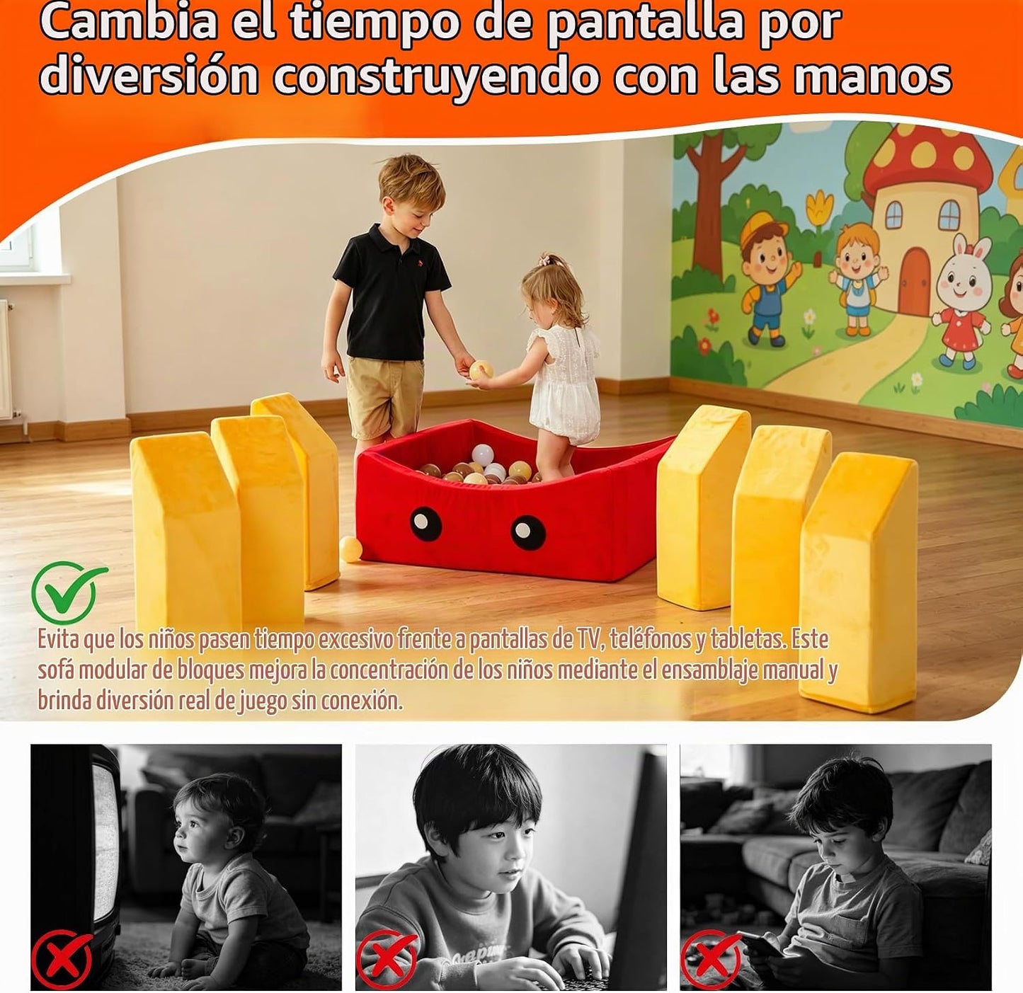 BABAMU Sofá modular para niños, diseño de caja de papas, sofá secci...