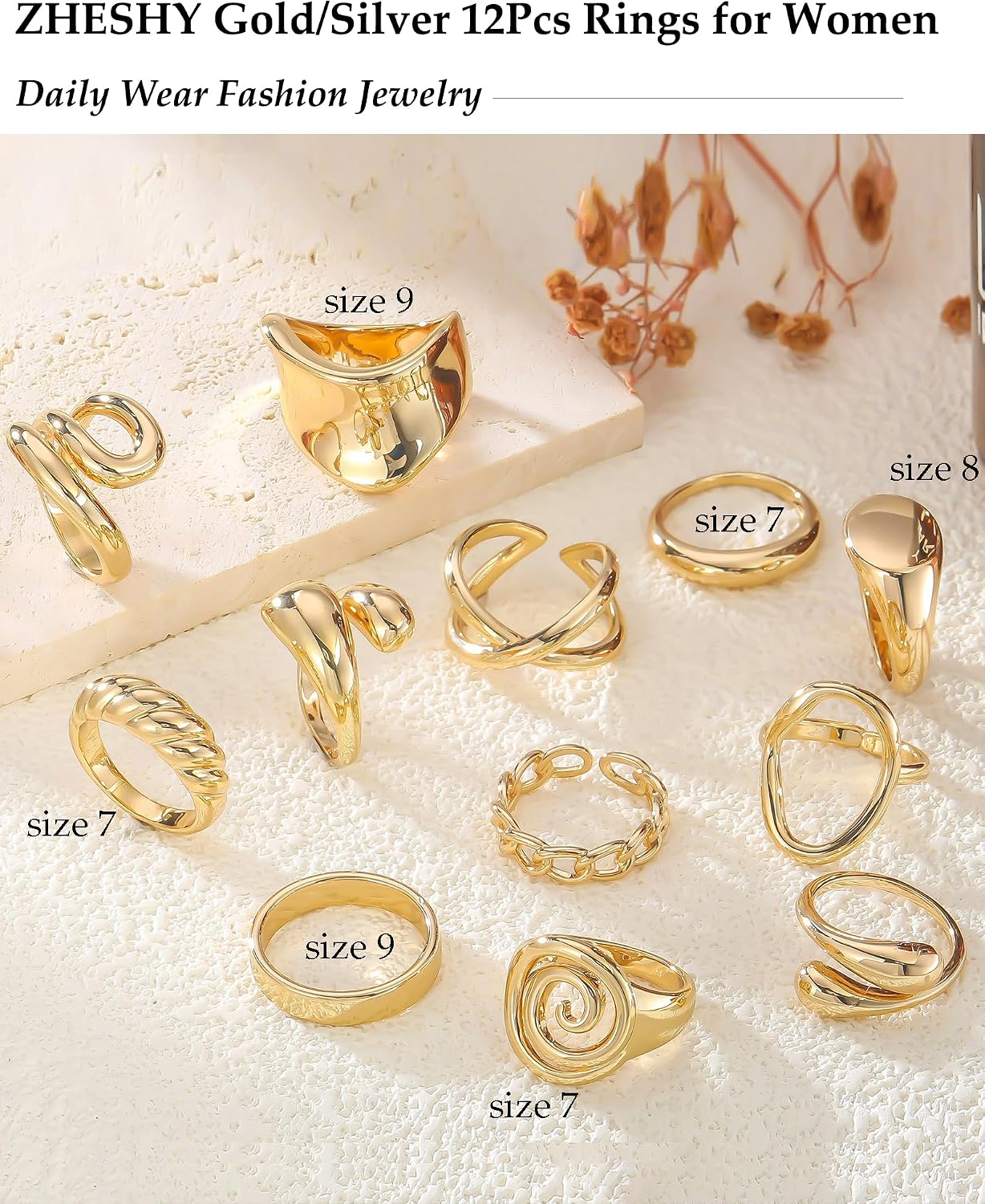 ZHESHY Anillos gruesos de oro para mujer, sin deslustre, chapados e...