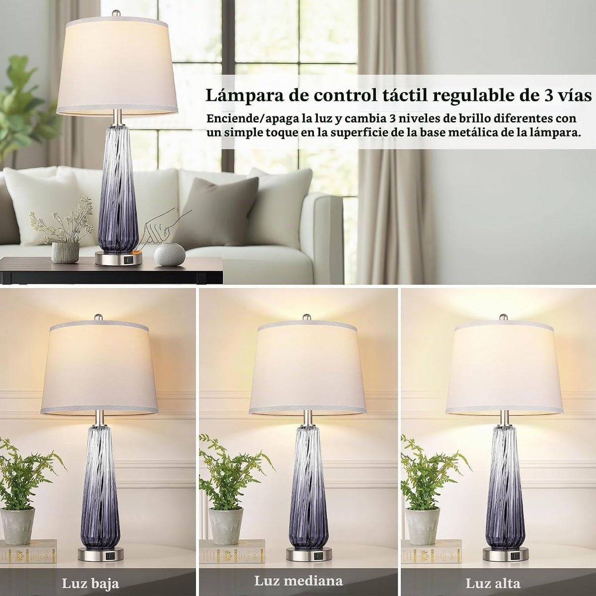 Juego de 2 lámparas de mesa de vidrio, lámparas de noche modernas p...