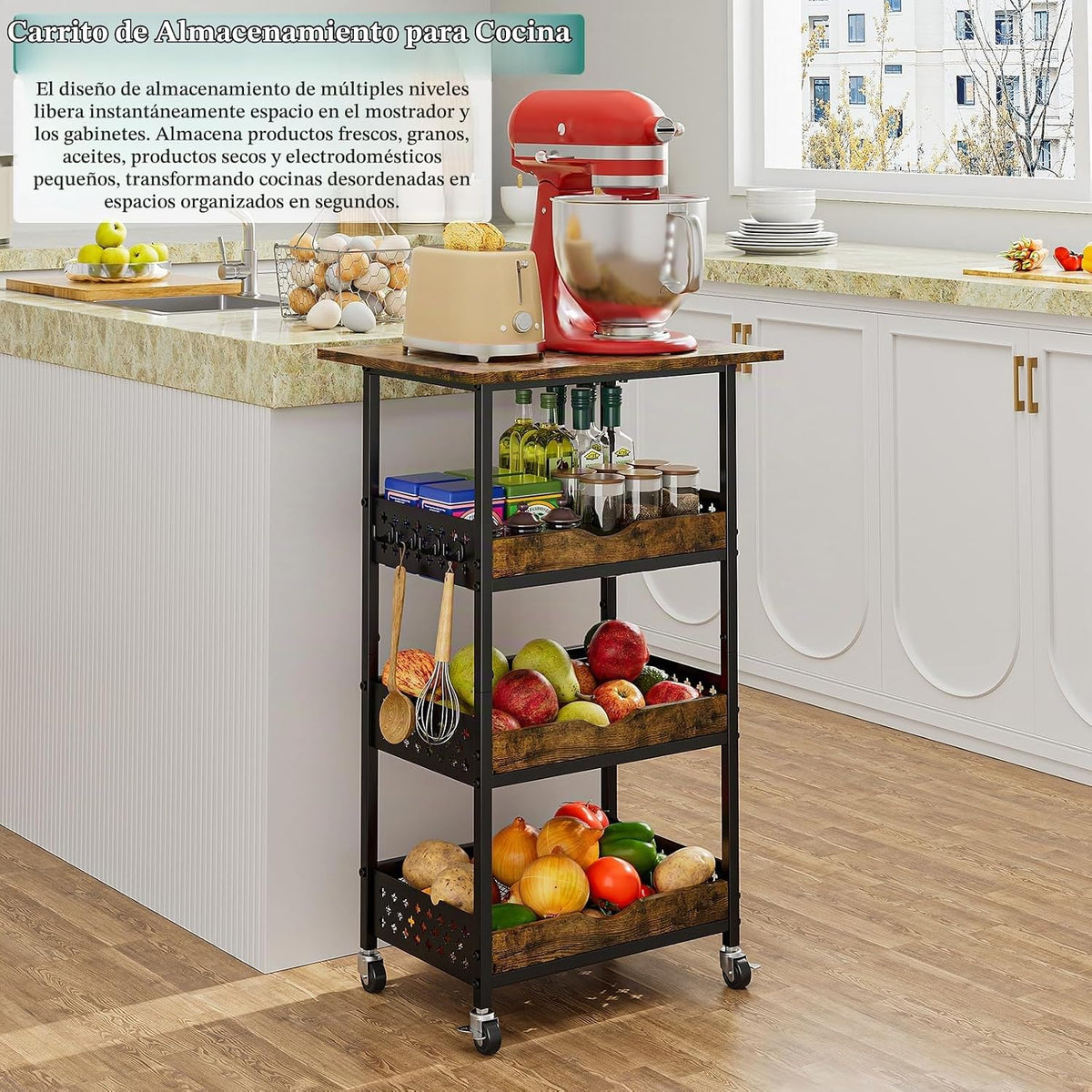 Giwil Carrito de cocina rodante de 4 niveles, soporte para microond...