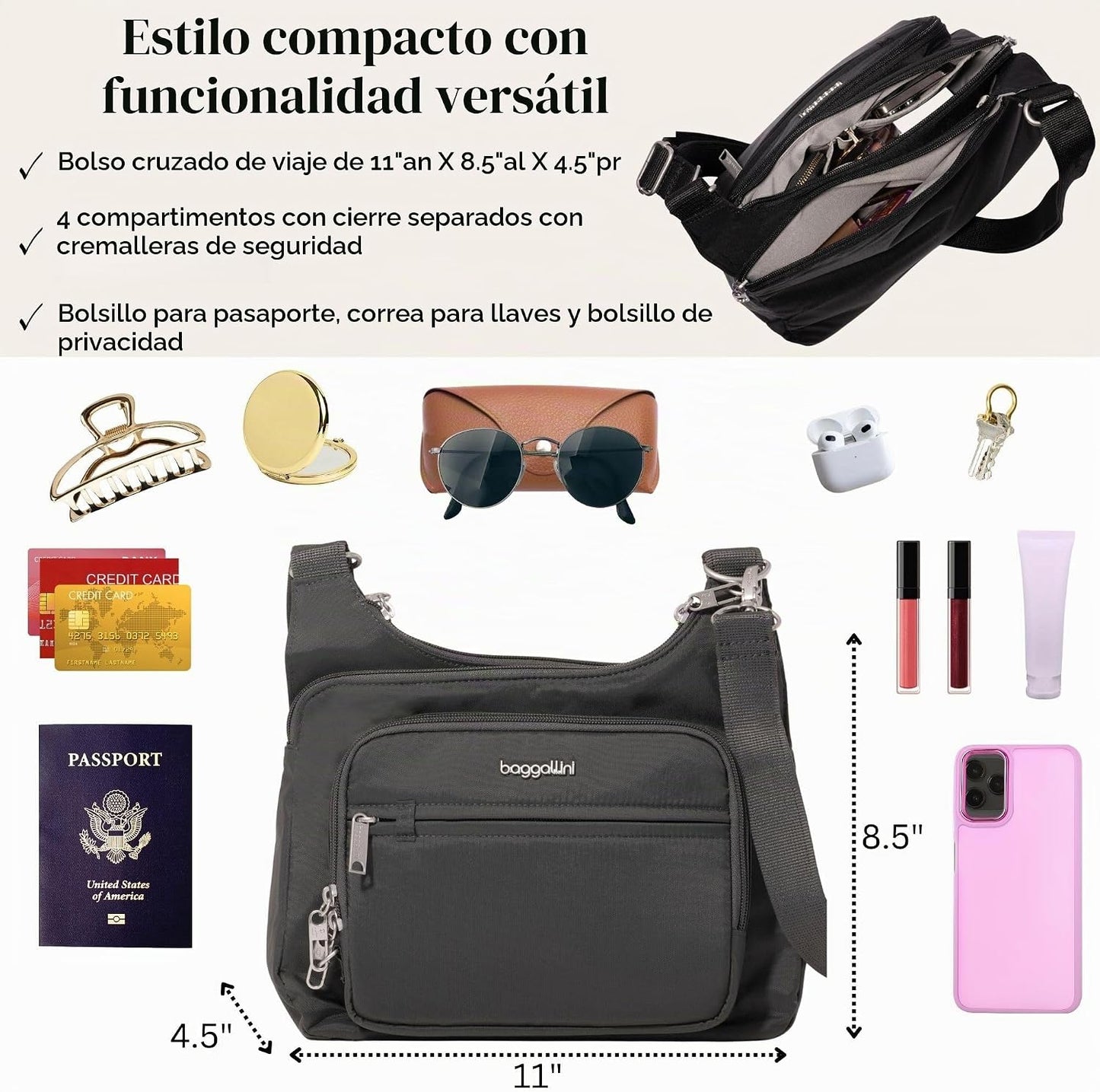 Baggallini Securtex Bandolera cruzada antirrobo 11\u201Dw X 8.5\u20...