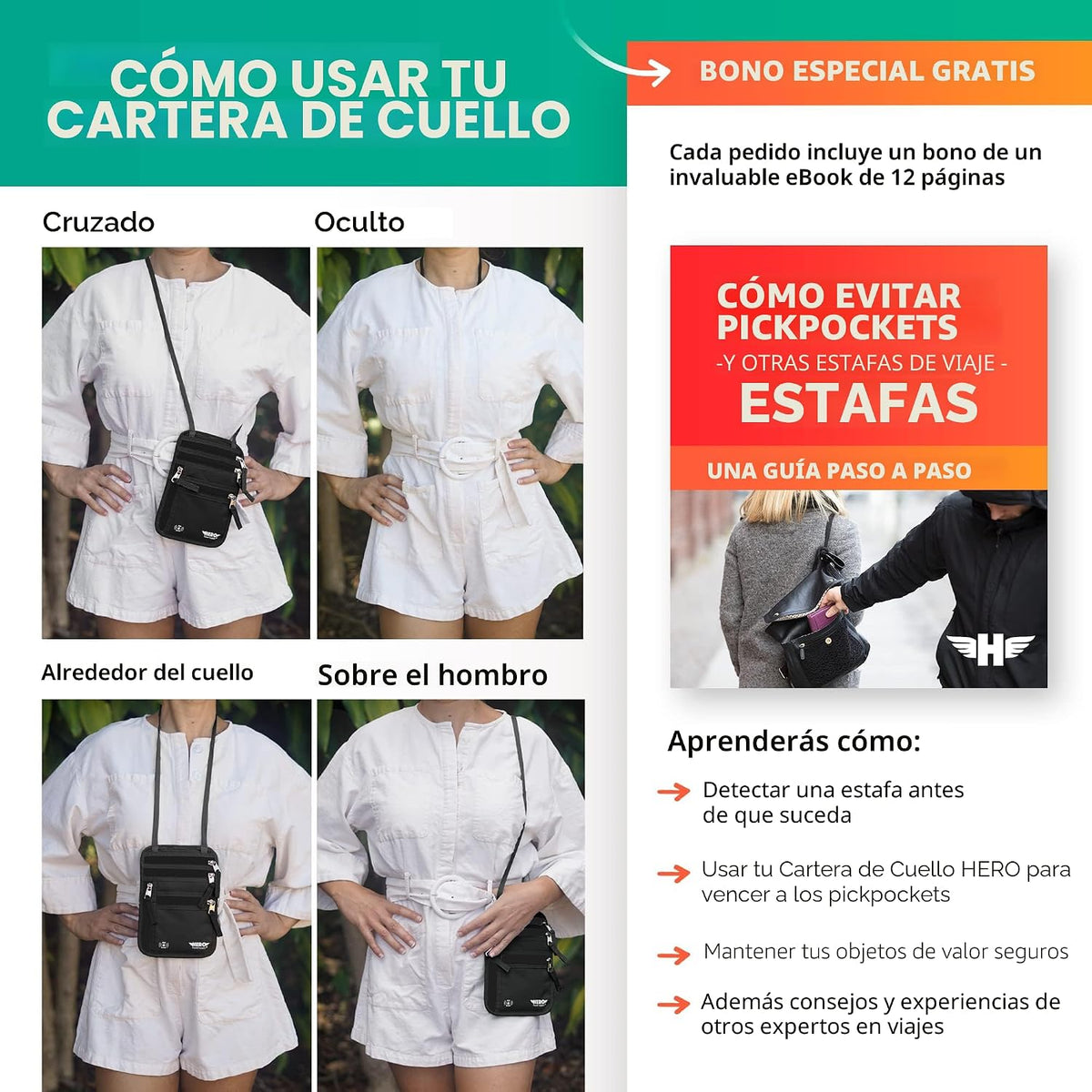 HERO - Cartera para el cuello - Soporte para pasaporte con bloqueo...