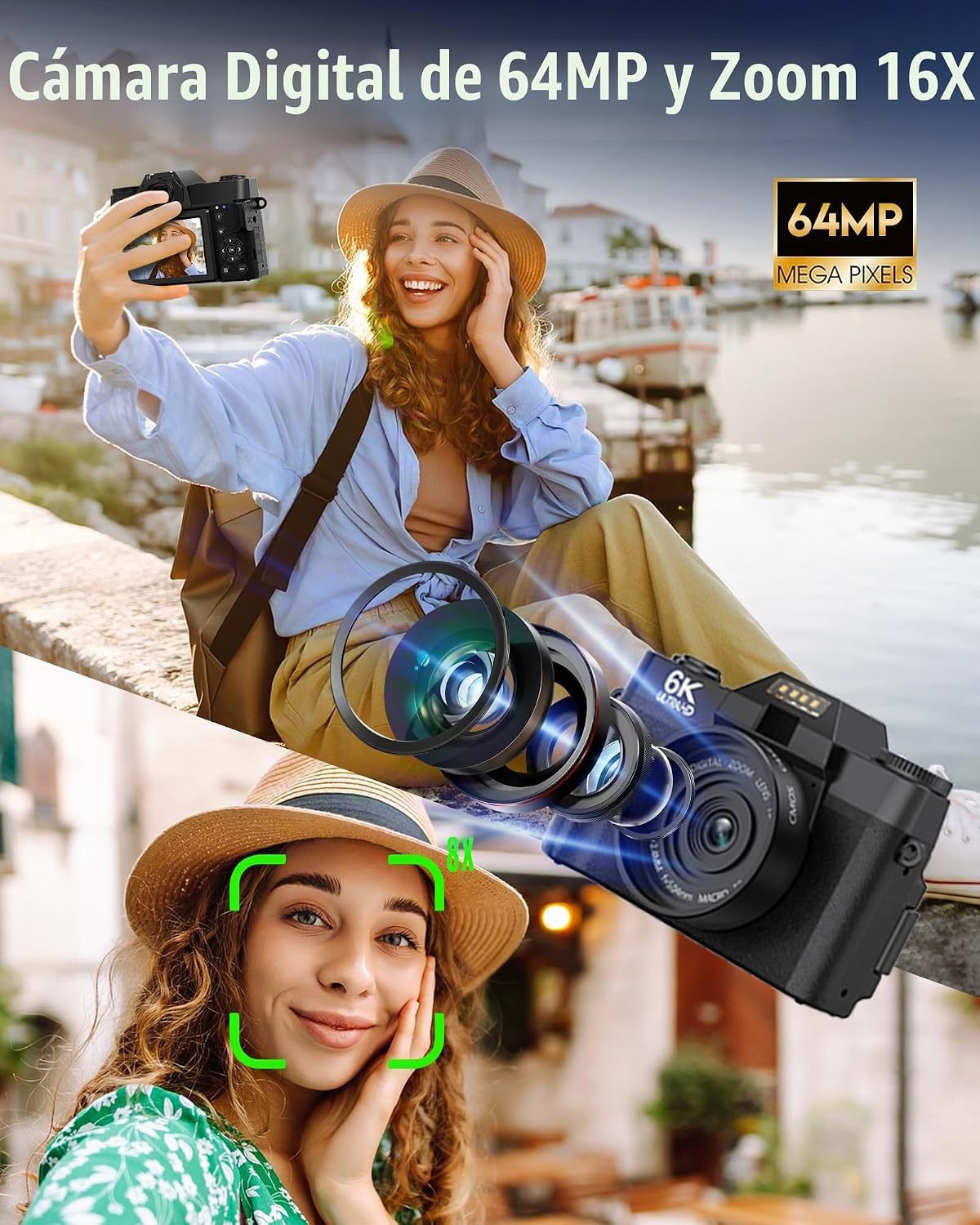 Yatao Cámara digital con pantalla abatible WiFi 6K, micrófono y luz...