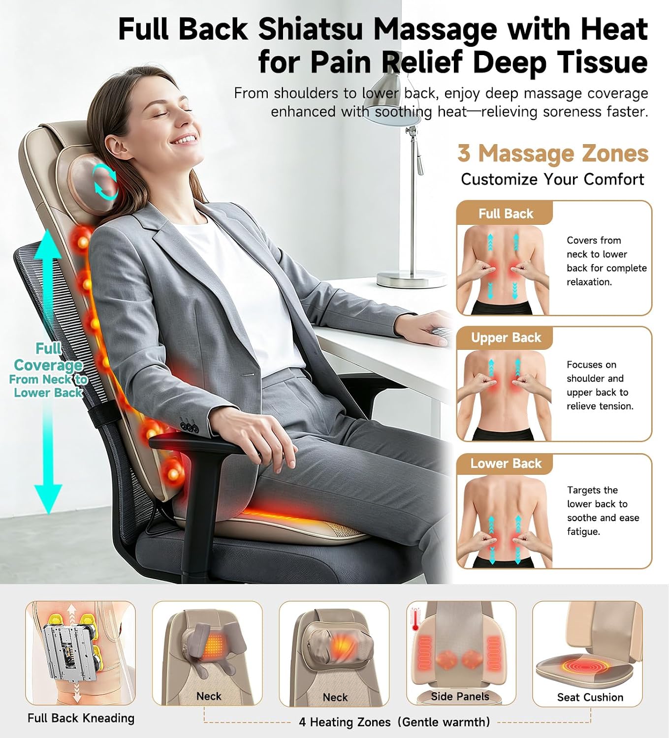 Flekzo Masajeador de espalda para silla con calor, shiatsu cuello y...