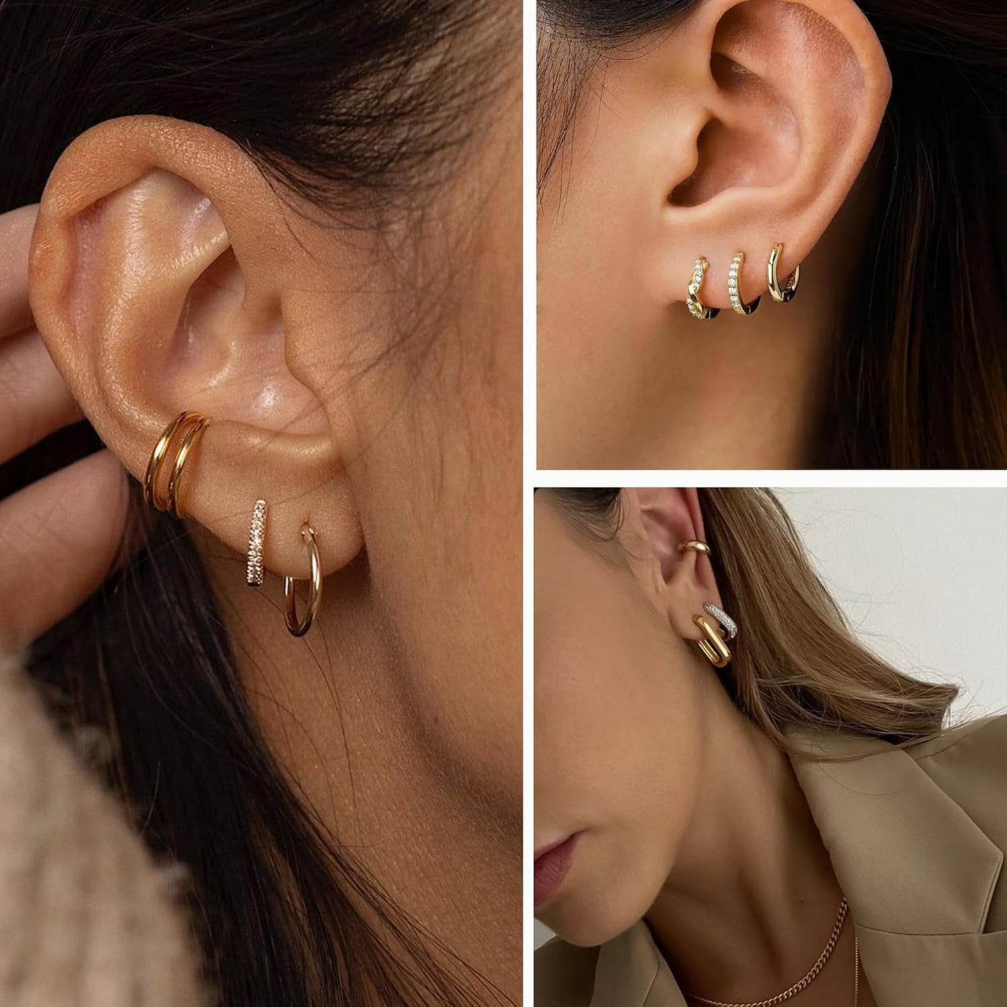 Juego de 9 pares de aretes pequeños tipo aro huggie de oro\/plata p...