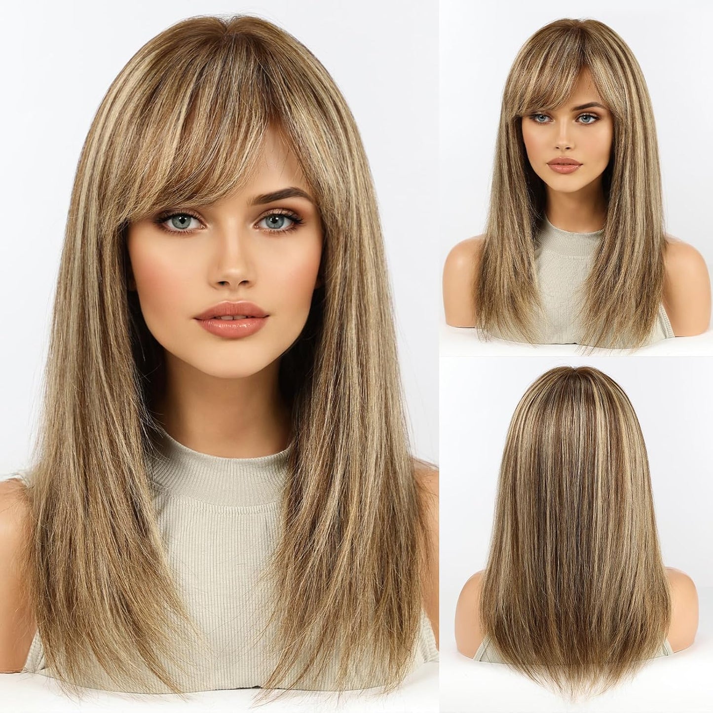 KKU Pelucas de cabello humano rubio mezclado con castaño de 16 pulg...