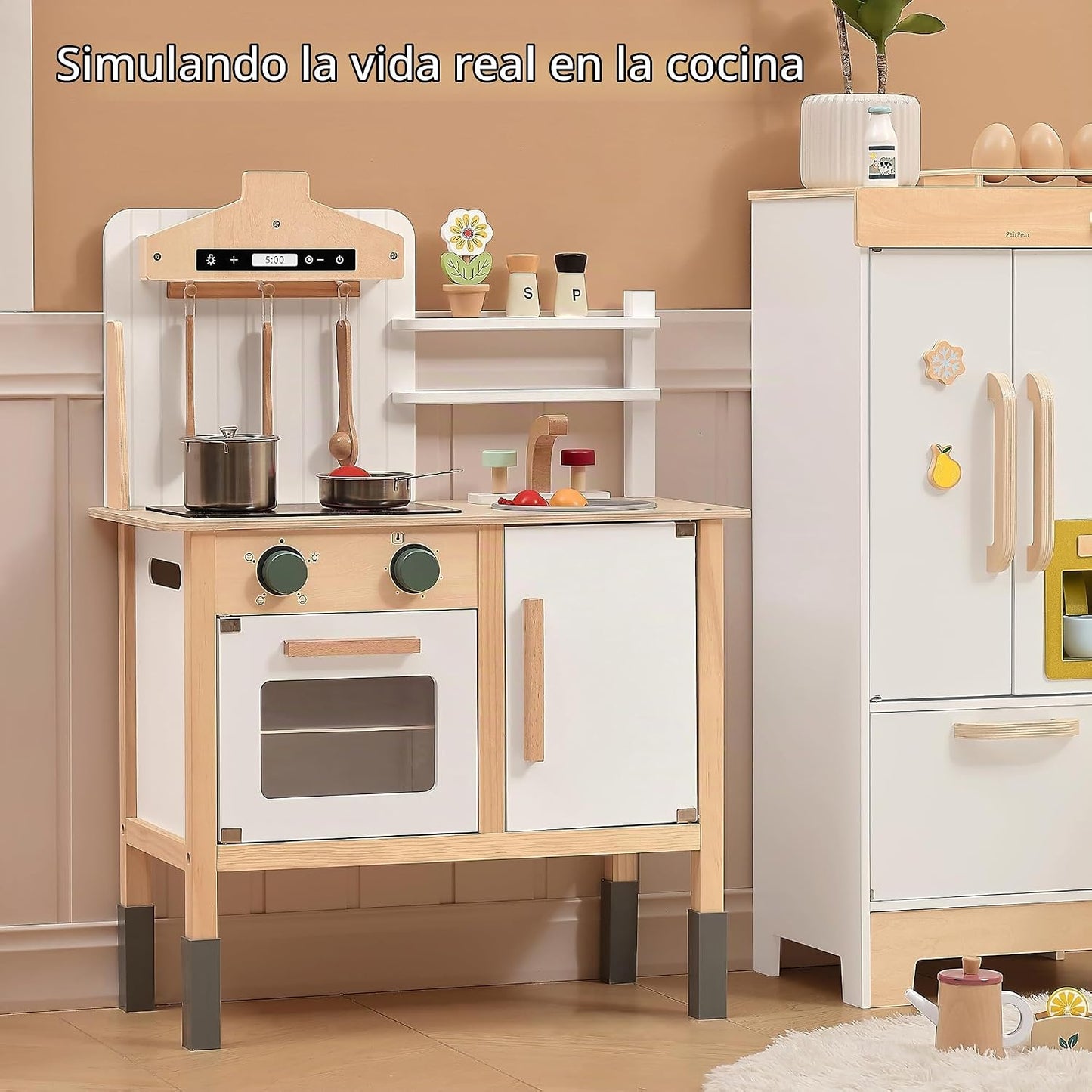 Cocina de juego de madera para niños, juguetes de madera de altura...