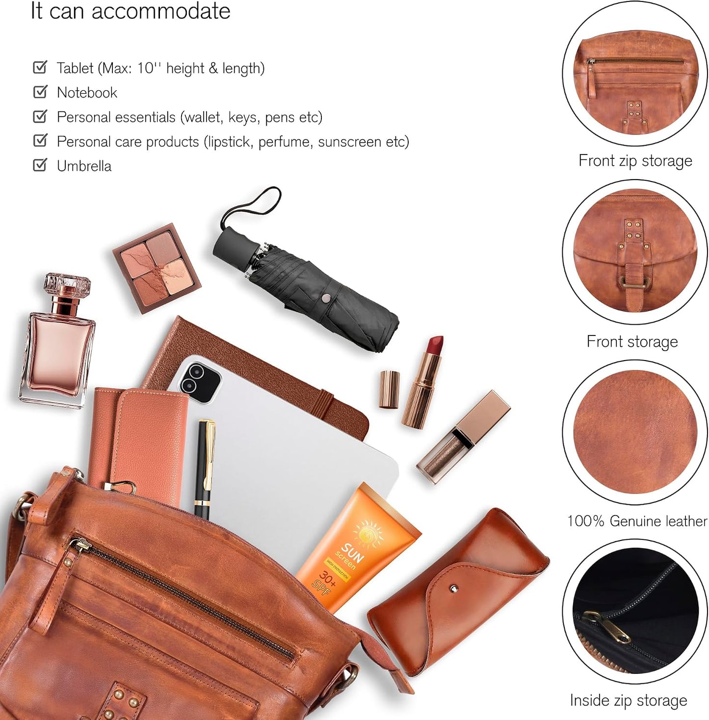 Bolso cruzado de cuero de Oak Leathers para mujer con correa de hom...