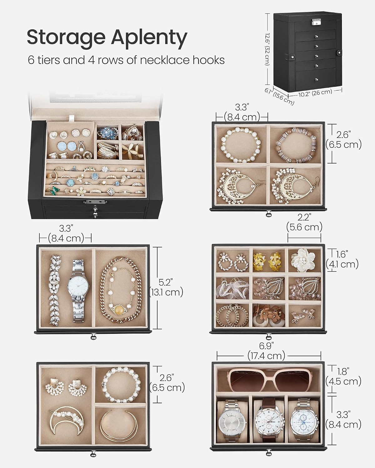 SONGMICS UJBC152B01 Caja organizadora de joyería de 6 capas con 5 c...