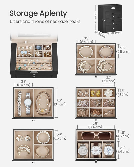 SONGMICS UJBC152B01 Caja organizadora de joyería de 6 capas con 5 c...