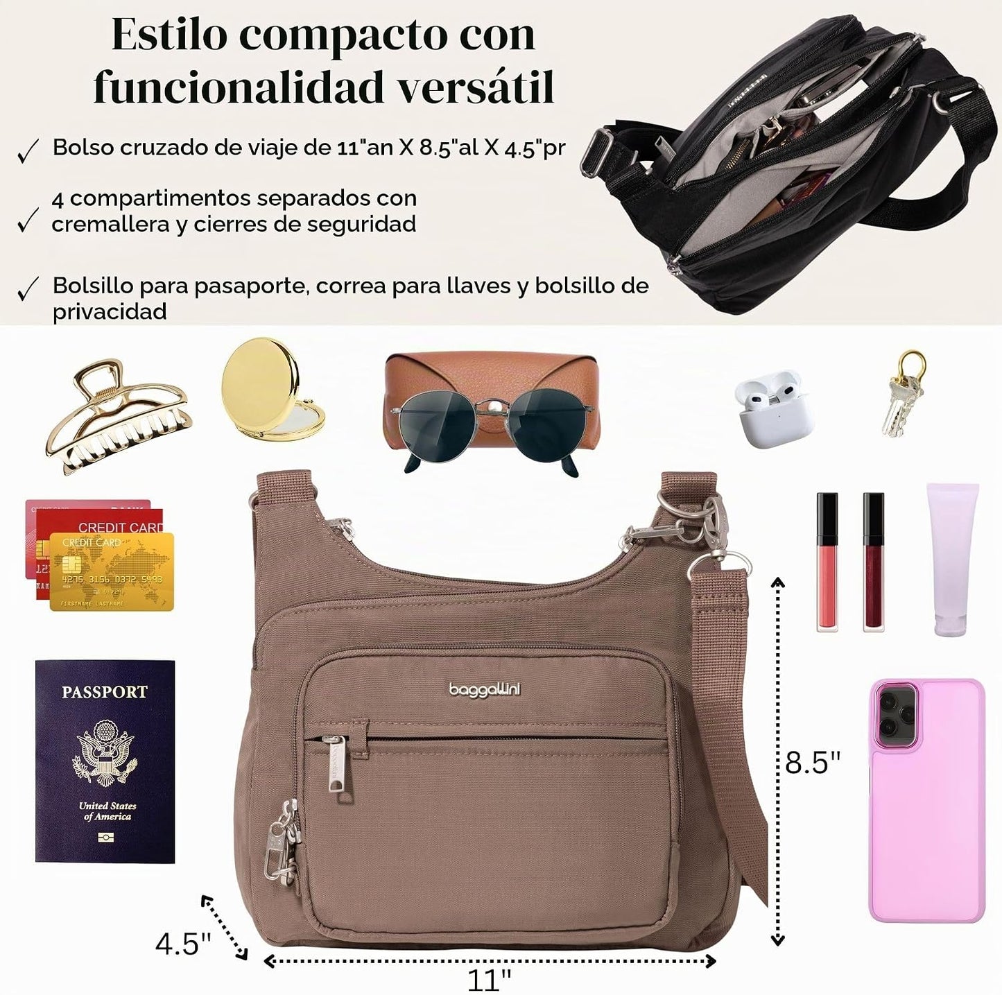Baggallini Securtex Bandolera cruzada antirrobo 11\u201Dw X 8.5\u20...