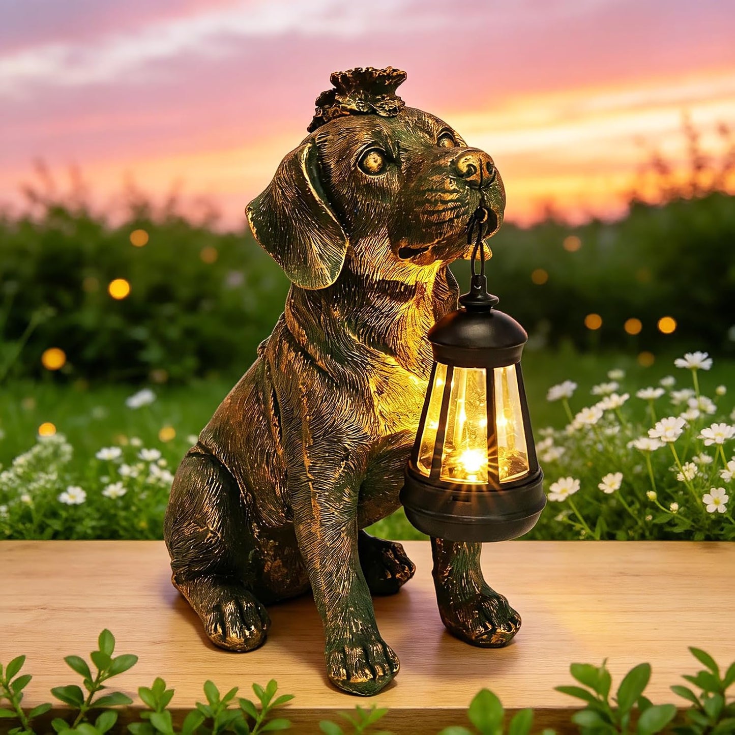 Estatua de jardín con decoración de perro con luces solares de 11 p...