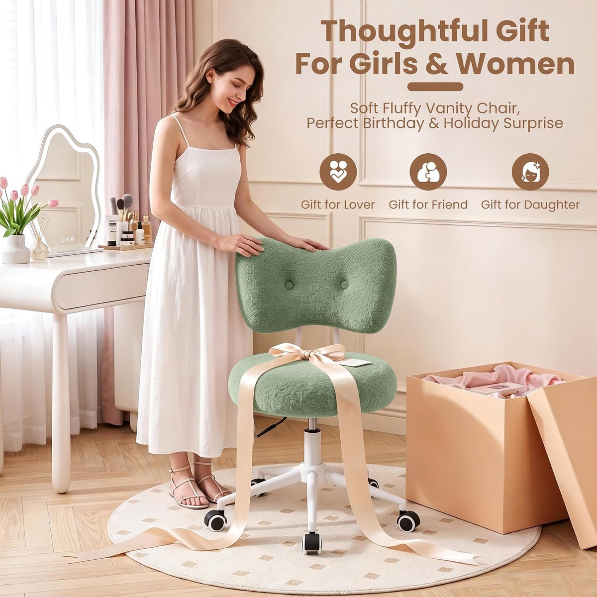 Silla de tocador pequeña con ruedas, cómoda silla de escritorio con...