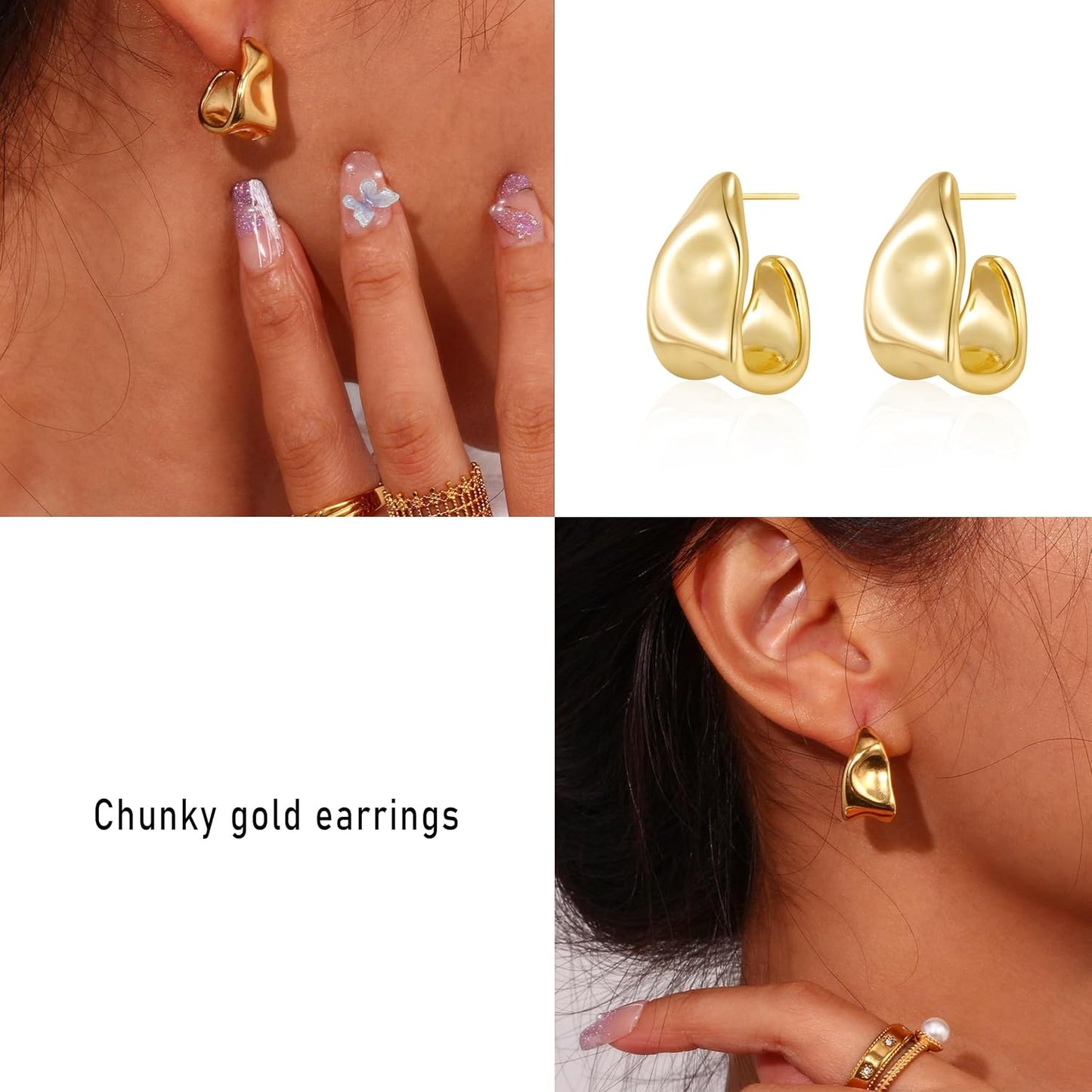 Amicon Pendientes de oro grueso para mujer, chapados en oro de 14 q...