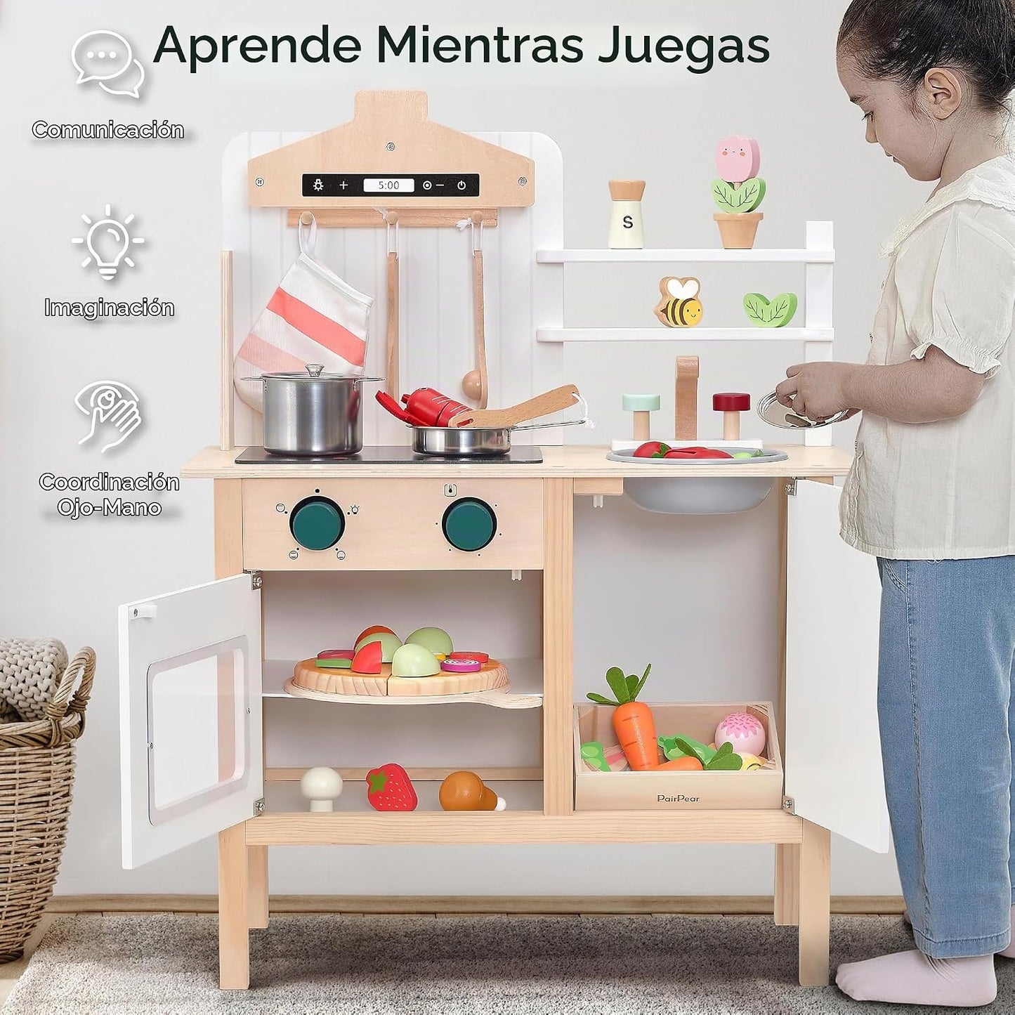Cocina de juego de madera para niños, juguetes de madera de altura...
