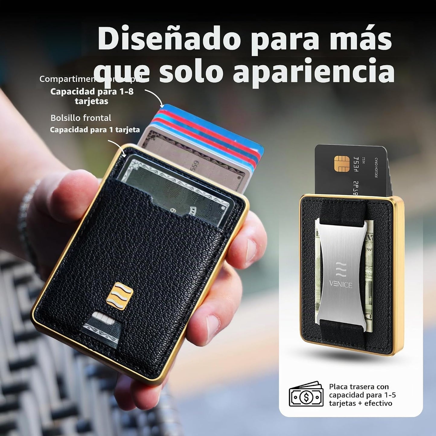 VENICE MIAMI Cartera con bloqueo RFID, tarjetero minimalista con ac...