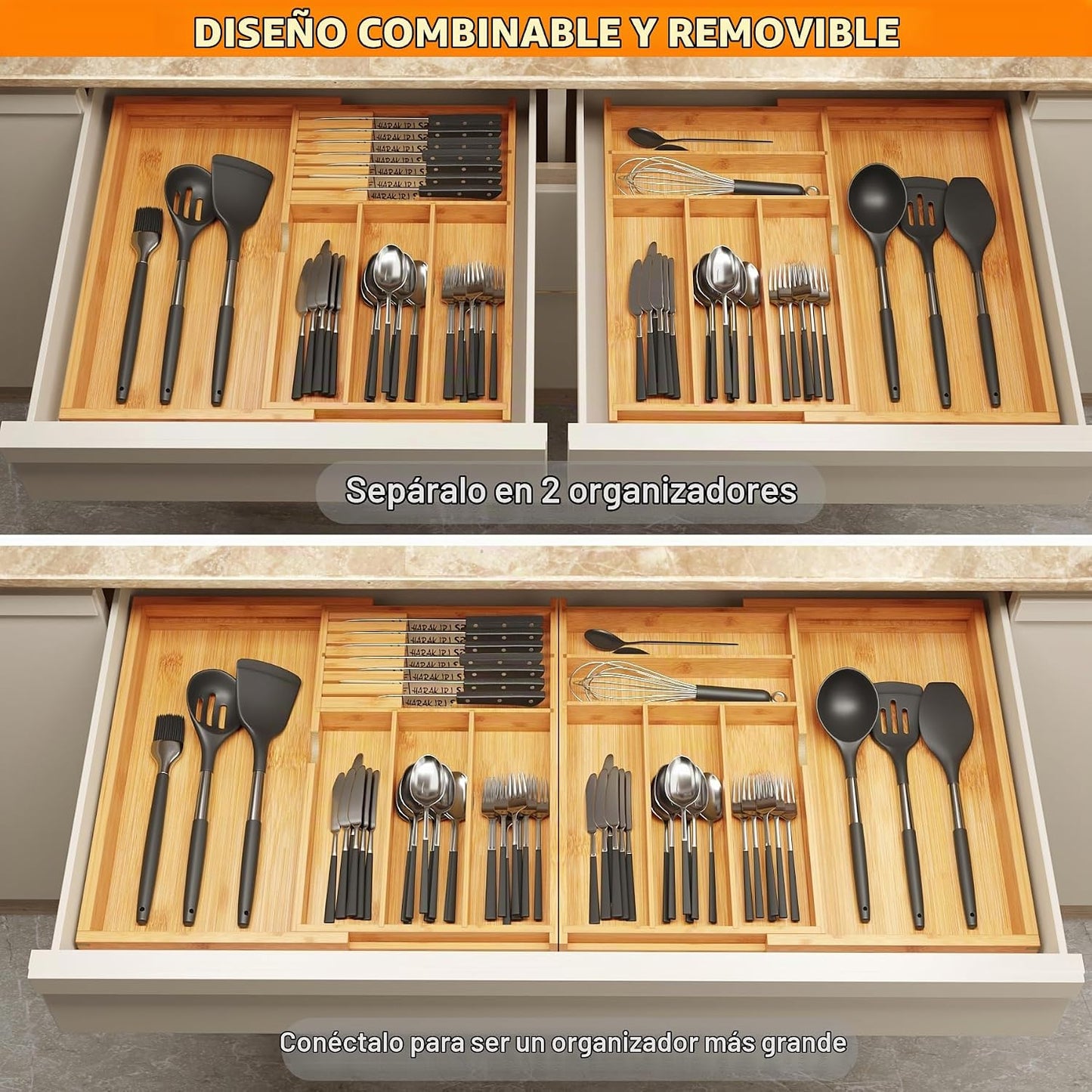 BAMEOS Organizador de cajones de cubiertos expandible con bloques d...